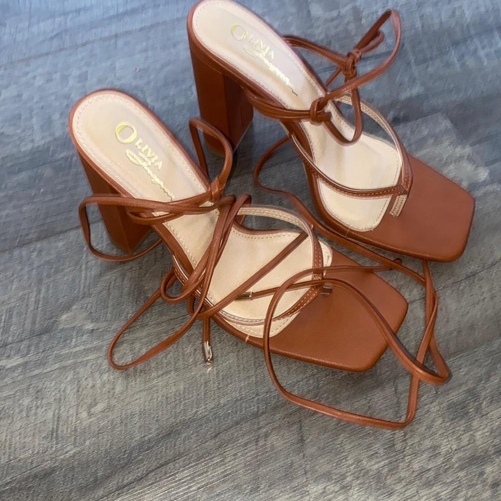 Brown lace up block heels
